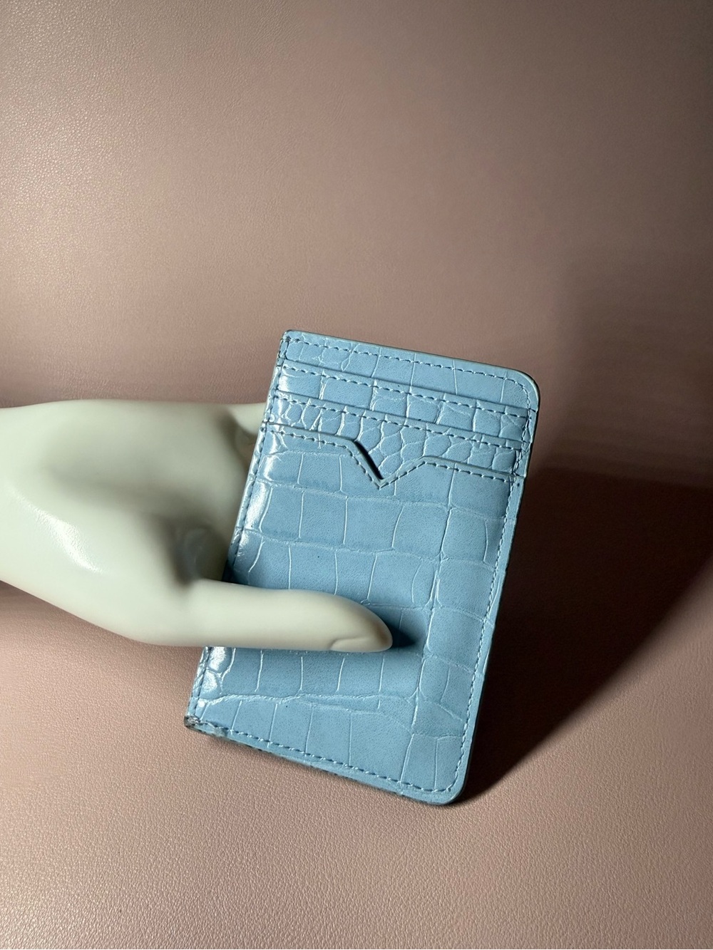 Croc-Embossed Light Blue Card Holder